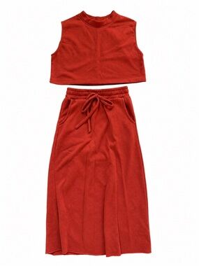 Rust 2-Piece Crop Top & Midi Skirt Lounge Set Cozy fleece-lined stretch knit fab